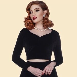 Bettie Page Alice Black Velvet PinUp Crop Top M/L